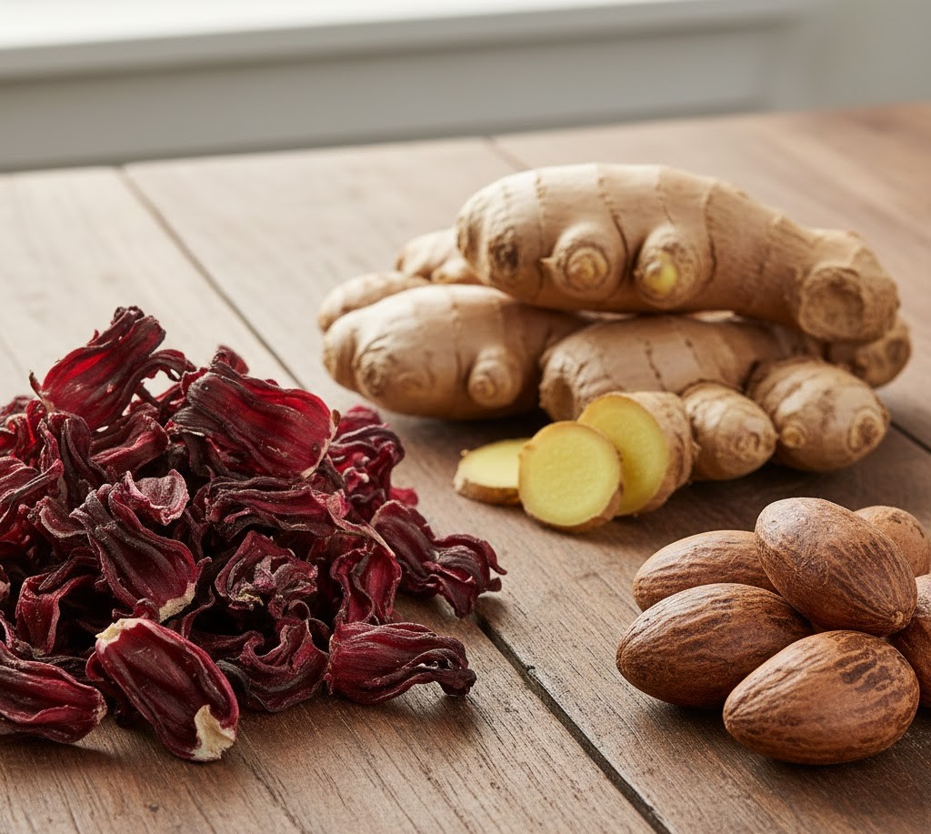 زنجبيل وكركديه وجوز الشيا